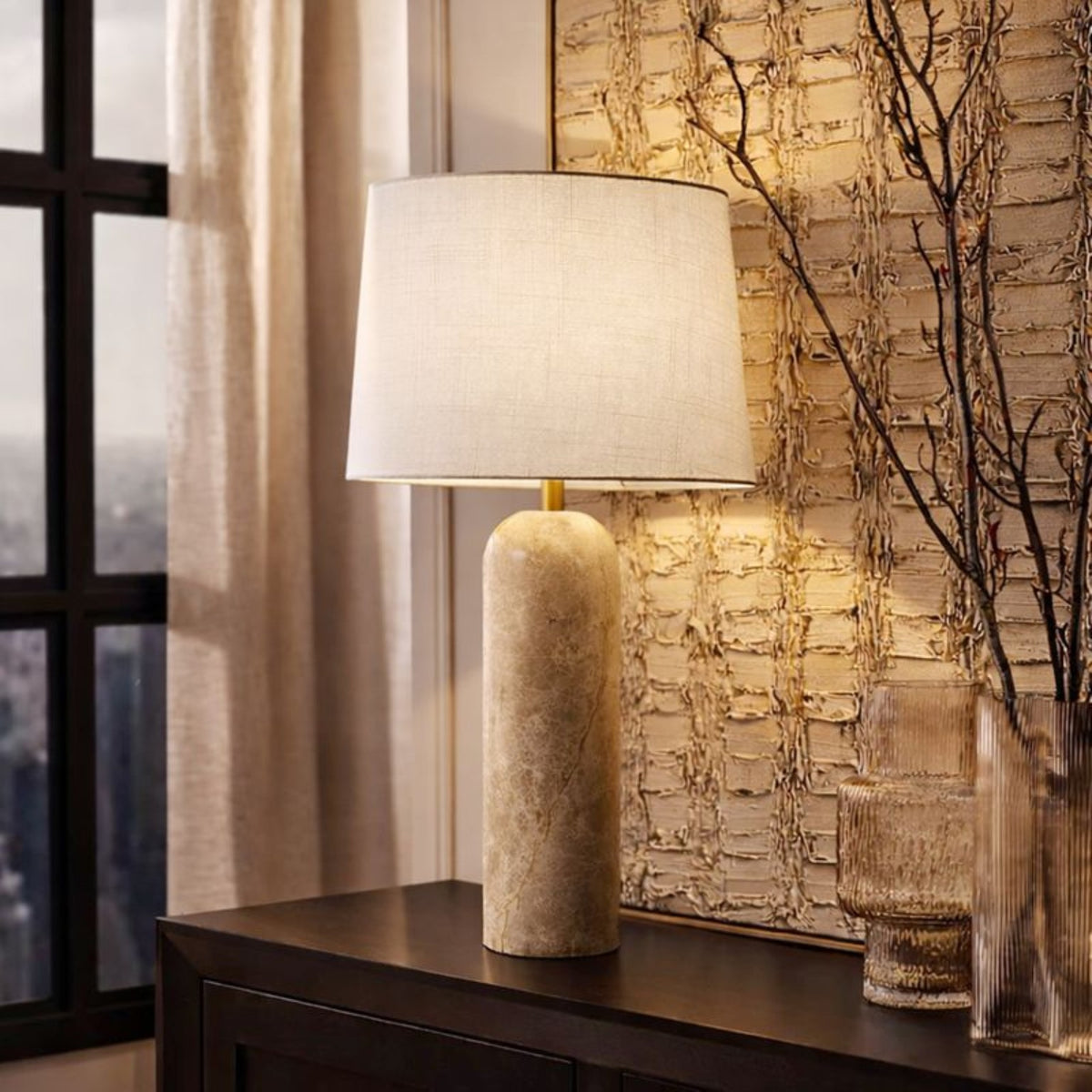Amara marble table lamp styled on a console