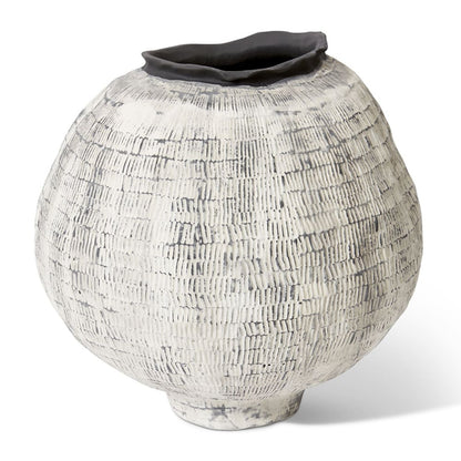 Bastian Porcelain Vessel in black and white, large round textured ceramic vessel