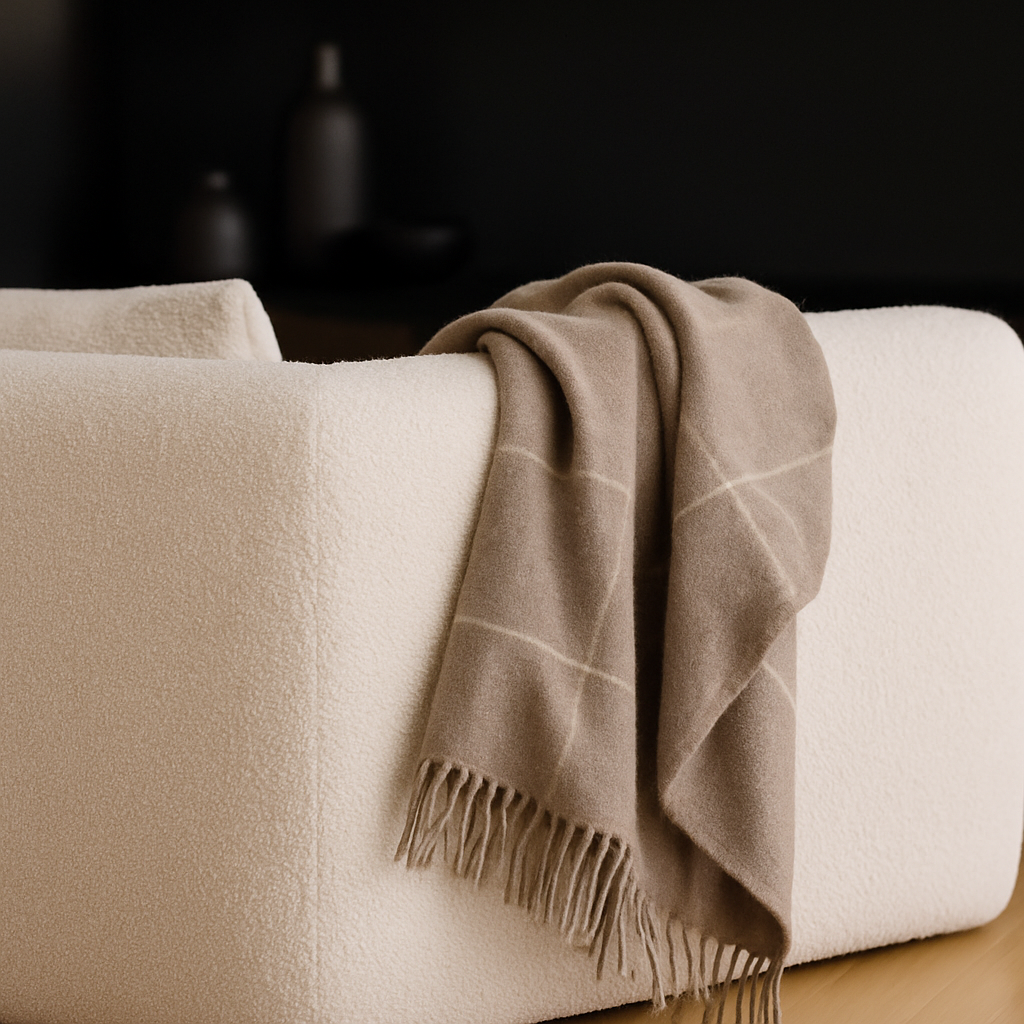 beige check wool throw rug blanket draped on white sofa 