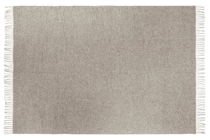 Gray woven blanket with fringes on a white background