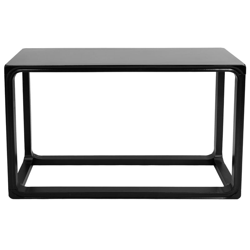 Black timber console table on a white background