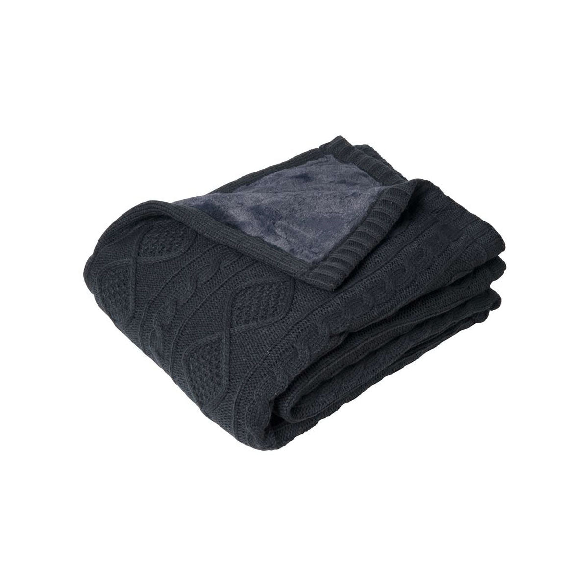 Folded black charcoal blanket with textured pattern on a white background