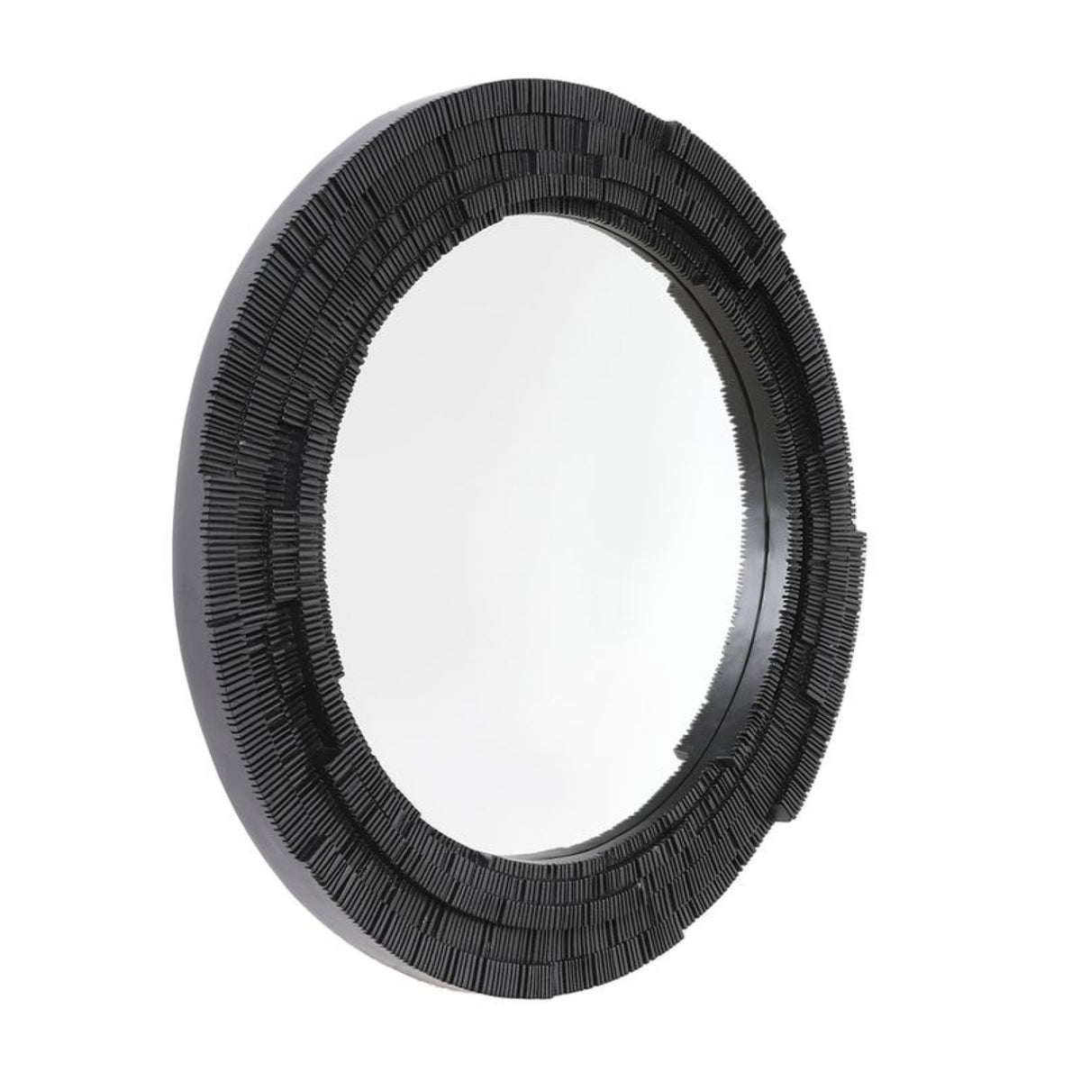 Dunbar black round wall mirror angled view