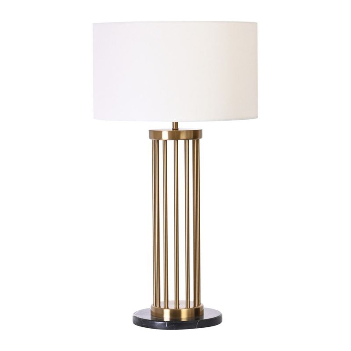 Elara brass and black marble table lamp with white drum shade
