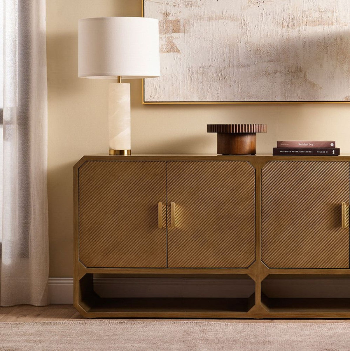 Elowen table lamp styled on a timber sideboard