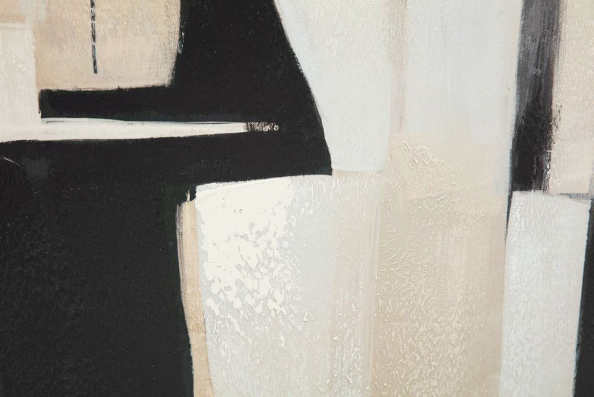 Close-up of layered black and white brushwork on In Good Company canvas
