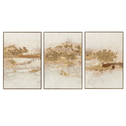 Gilded Horizon set of three hand-painted abstract canvases with gold leaf, shown together