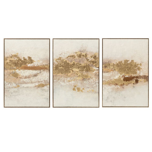 Gilded Horizon set of three hand-painted abstract canvases with gold leaf, shown together