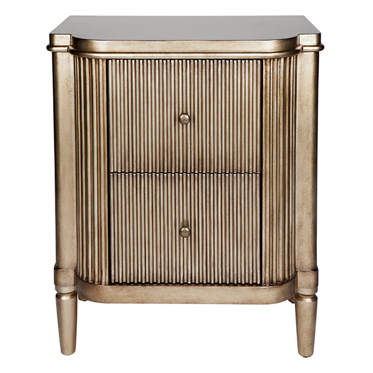 A ribbed, antique gold bedside table with two drawers and decorative ribbed detailing.