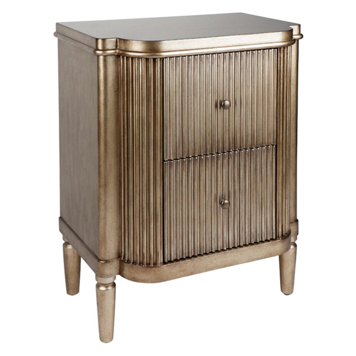 Gold art deco bedside table with fluted detailing on white background
