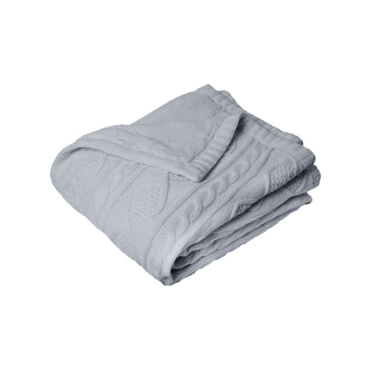 Folded gray cable knit blanket on a white background