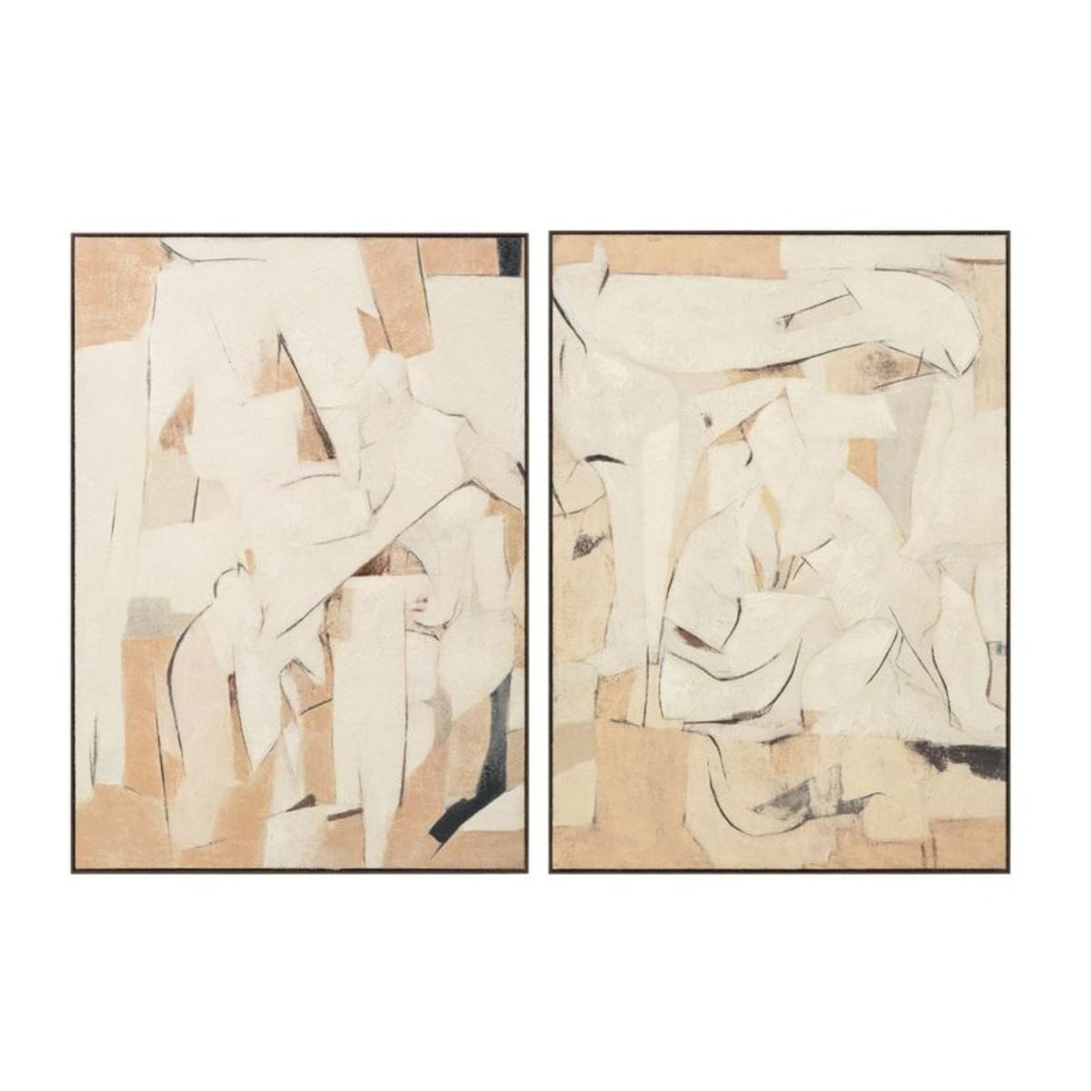 Interwoven set of two hand-painted abstract canvases shown together in dark frames