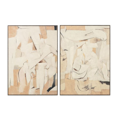 Interwoven set of two hand-painted abstract canvases shown together in dark frames