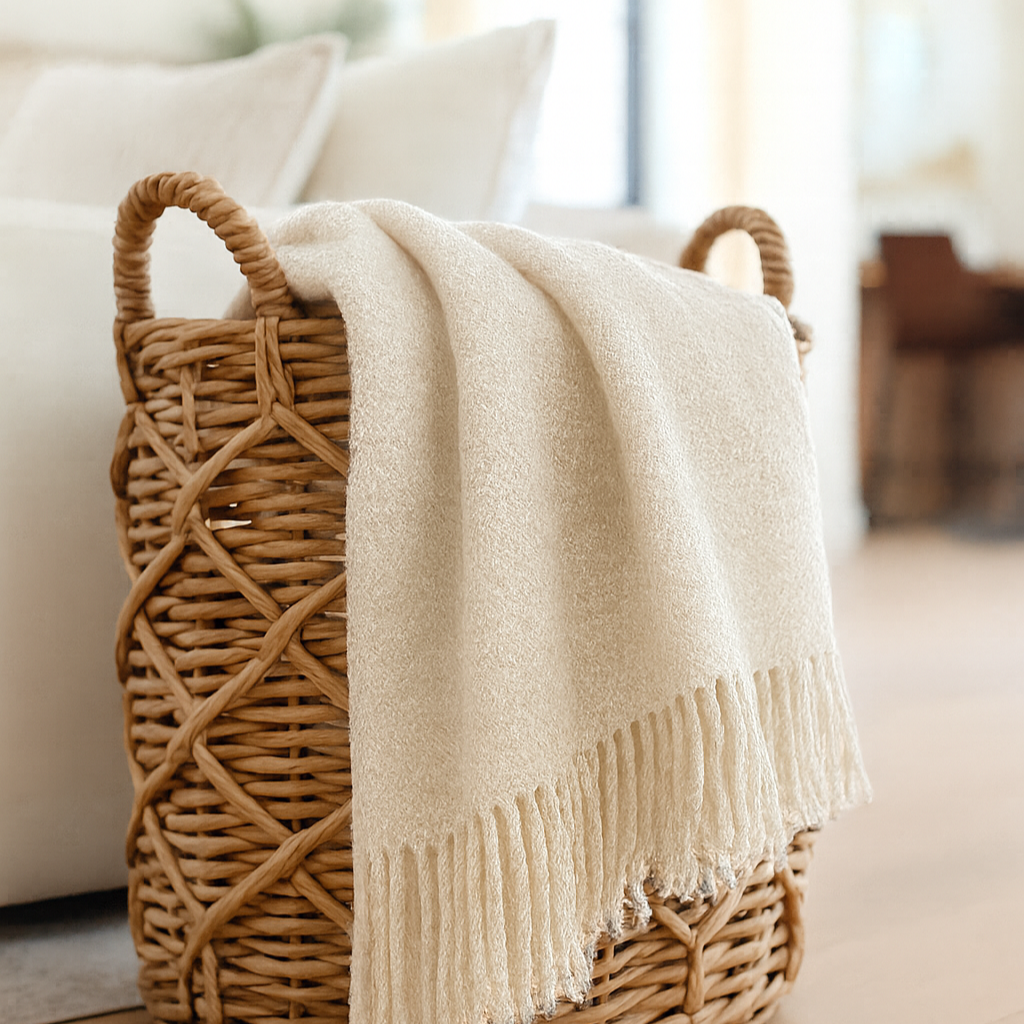 Wicker basket with a white blanket on a wooden floor in a living room.