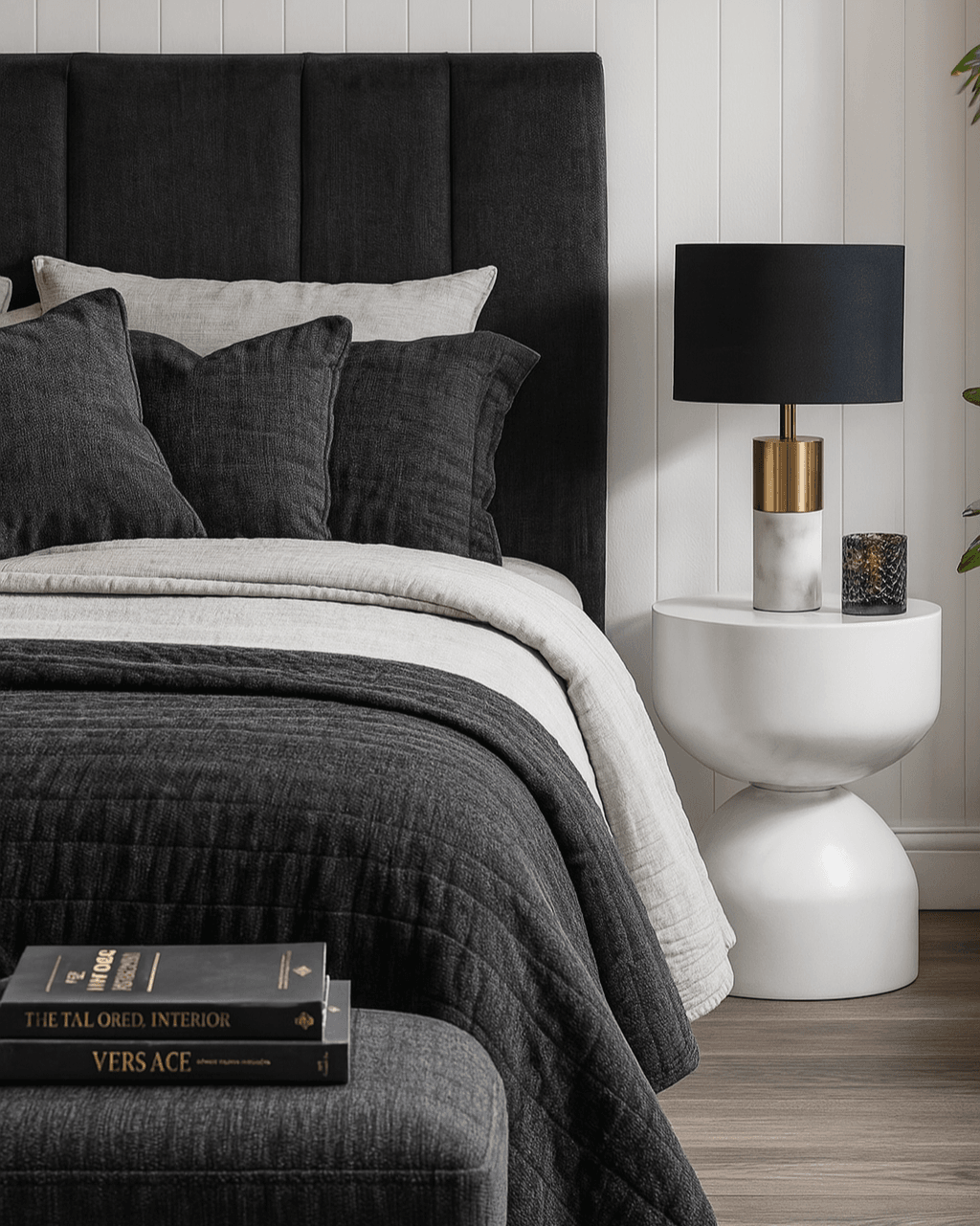Lune | Marble Table Lamp - Brass (Black Shade) - Mirra Interiors