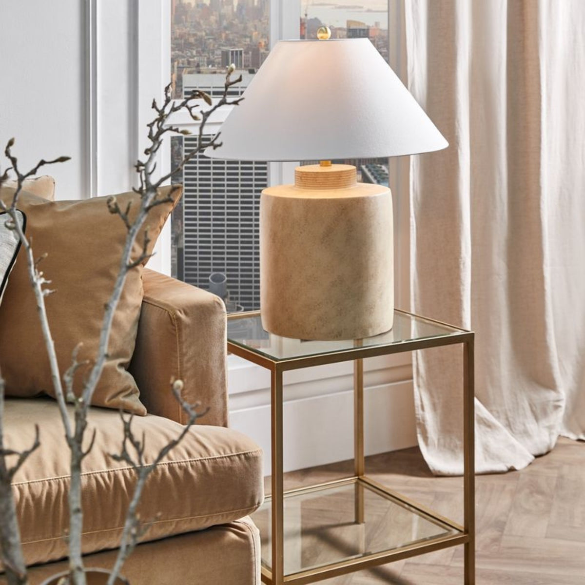 Talia table lamp styled beside a neutral sofa