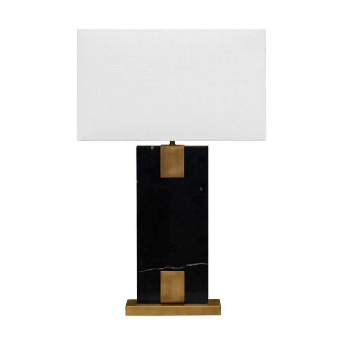 Front view of Nera black marble table lamp with white rectangular shade