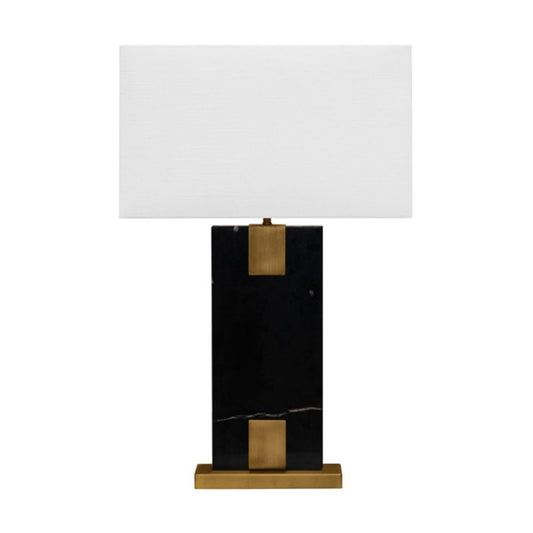 Front view of Nera black marble table lamp with white rectangular shade