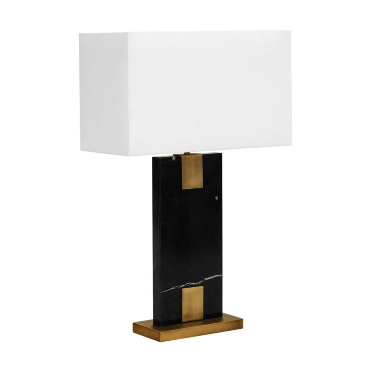 Angled view of Nera black marble table lamp and antique brass base
