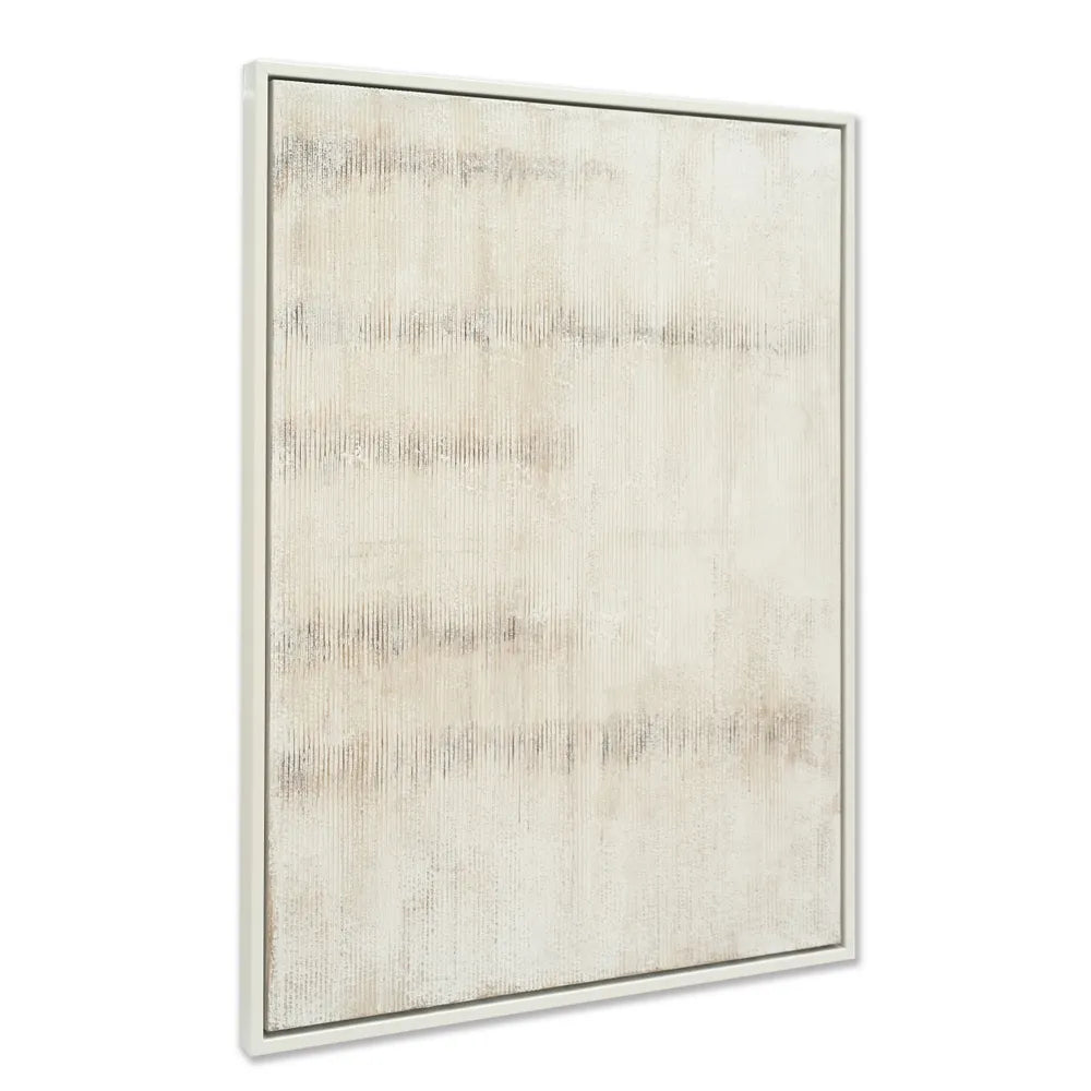 Framed abstract art piece with a neutral color palette on a white background