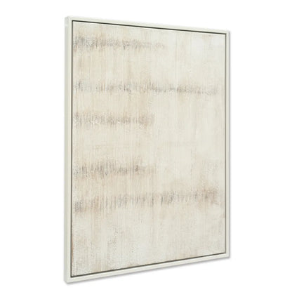 Framed abstract art piece with a neutral color palette on a white background