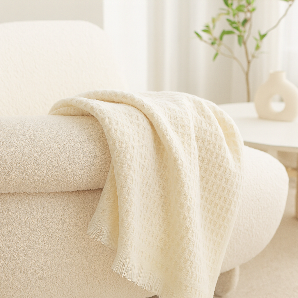 off-white textured blanket draped over a white sofa in a bright room.