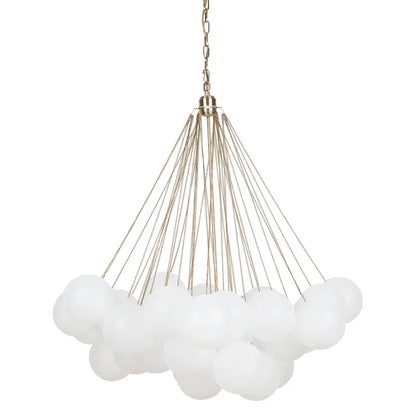 Modern Chandelier with multiple white glass balls on a white background