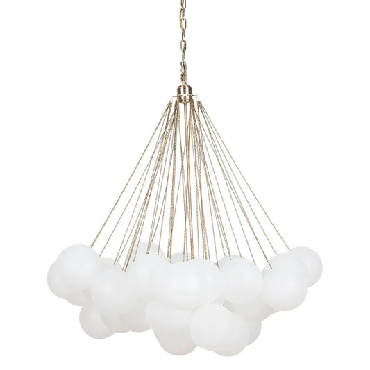 Modern Chandelier with multiple white glass balls on a white background