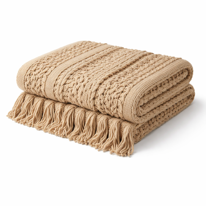 Savoy | Hollow Knit Wool Blend Throw Rug with Tassels - Khaki