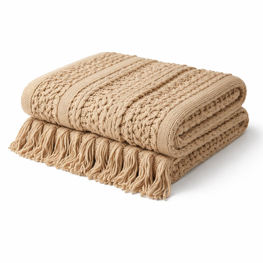 Savoy | Hollow Knit Wool Blend Throw Rug with Tassels - Khaki