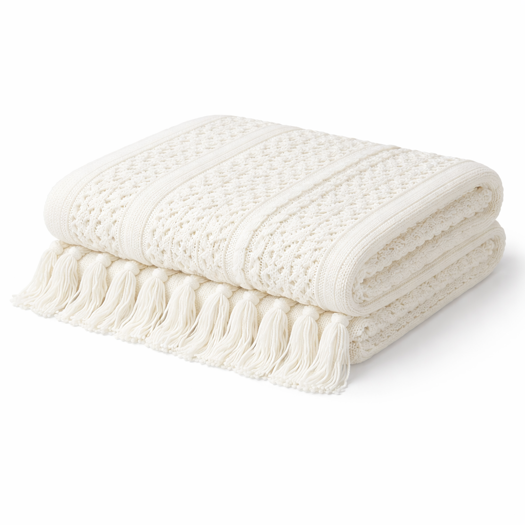 Savoy | Hollow Knit Wool Blend Throw Rug with Tassels - White