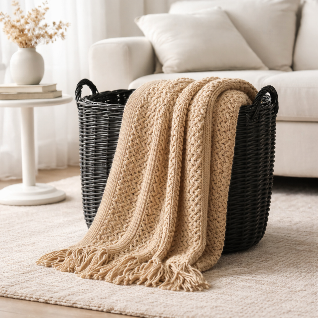 Savoy | Hollow Knit Wool Blend Throw Rug with Tassels - Khaki