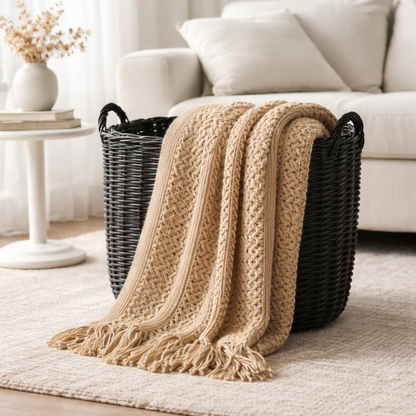 Savoy | Hollow Knit Wool Blend Throw Rug with Tassels - Khaki