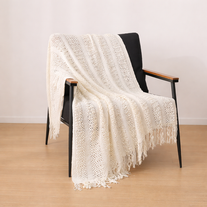 Savoy | Hollow Knit Wool Blend Throw Rug with Tassels - Cream