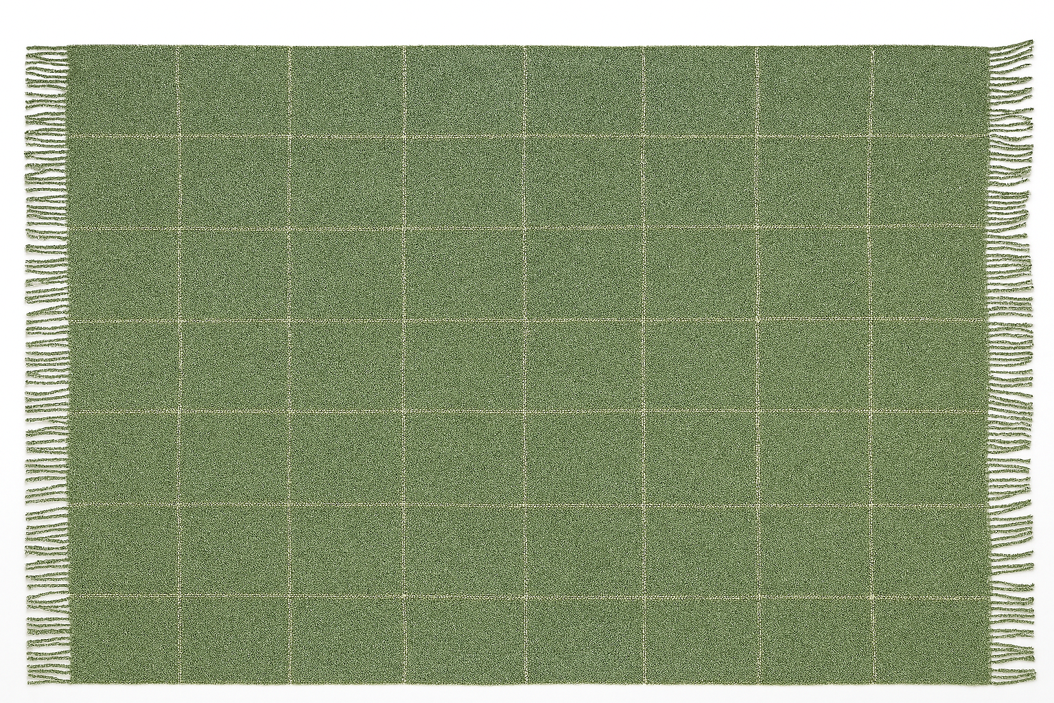 Green checkered blanket with white lines and fringes on a plain background