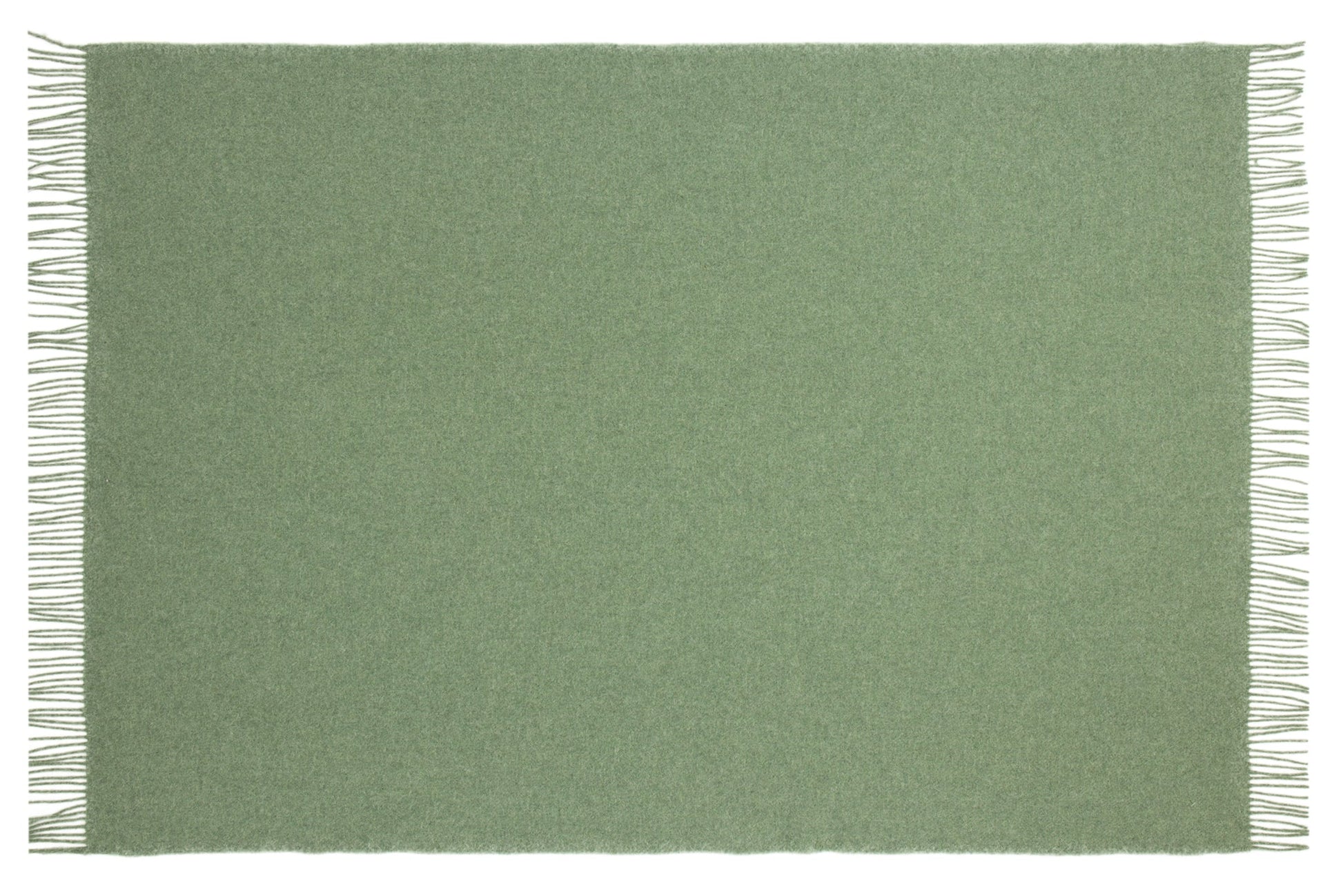 Green wove throw rug flat lay with fringed edges on a white background