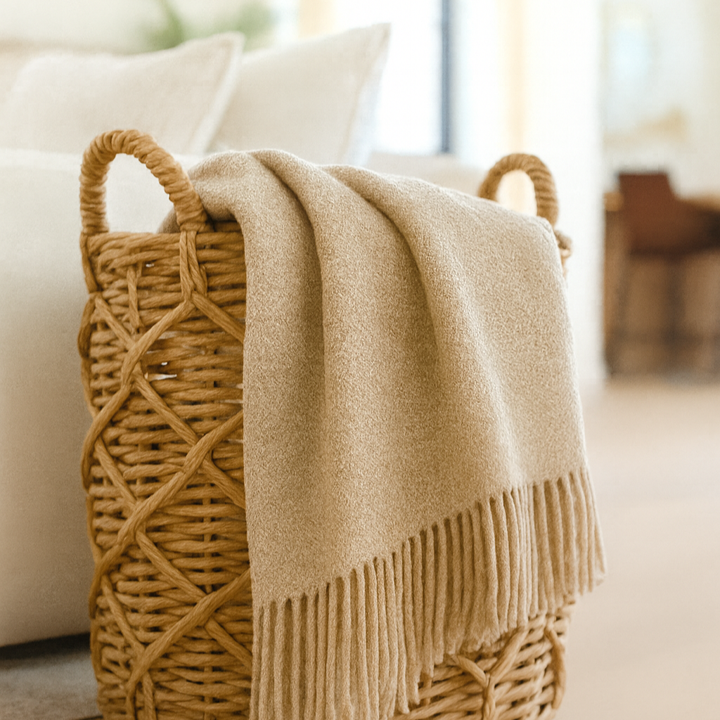 Wicker basket with a beige blanket on a wooden floor in a home setting