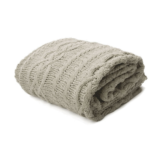 Folded taupe knit blanket on a white background | Mirra Interiors