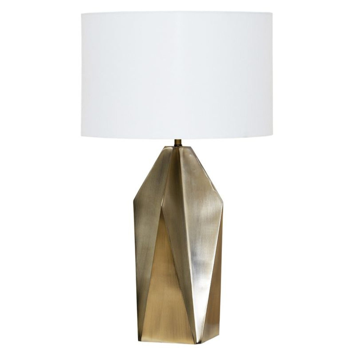 Vesper brass table lamp with white drum shade