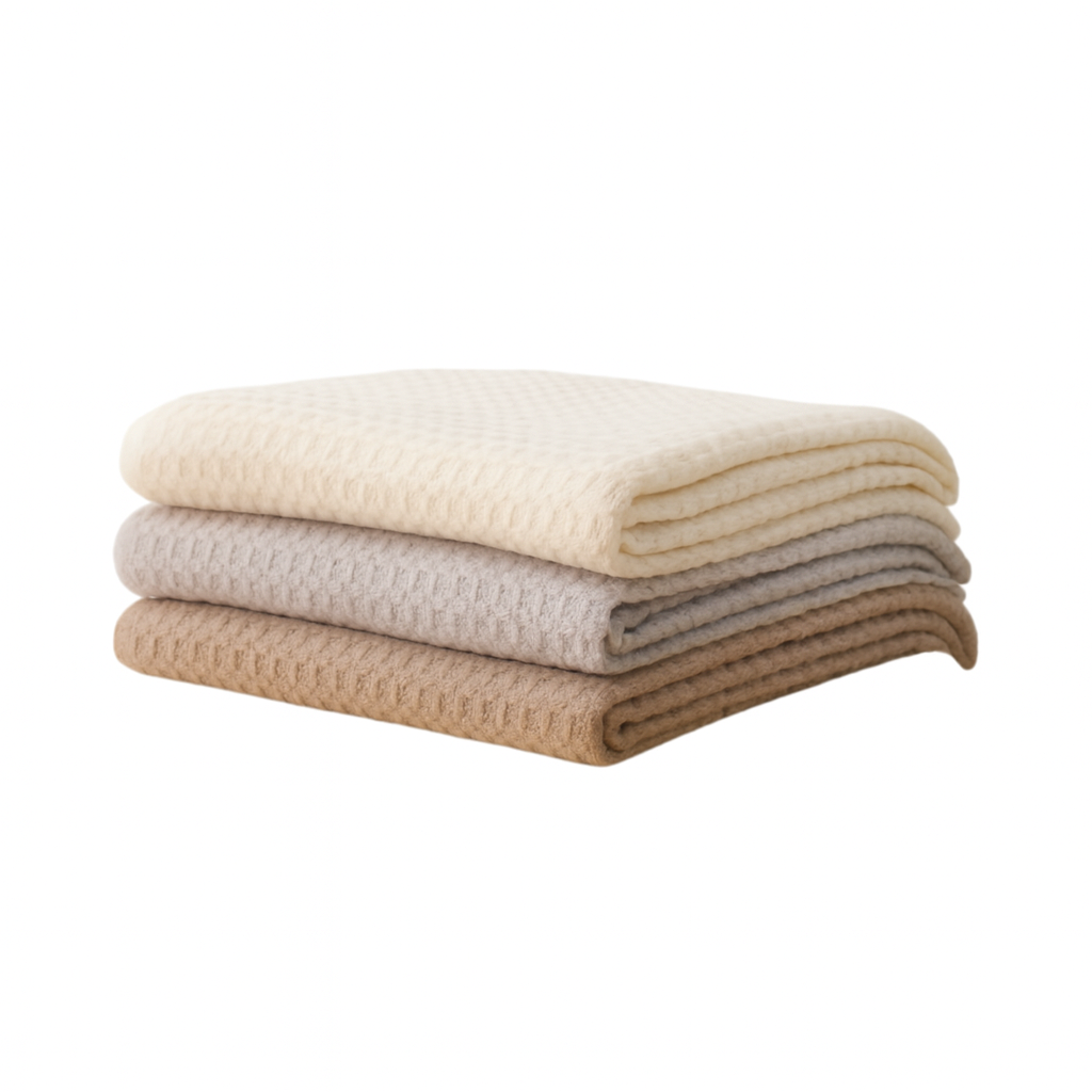 Stack of three folded blankets in beige, brown, and gray on a white background