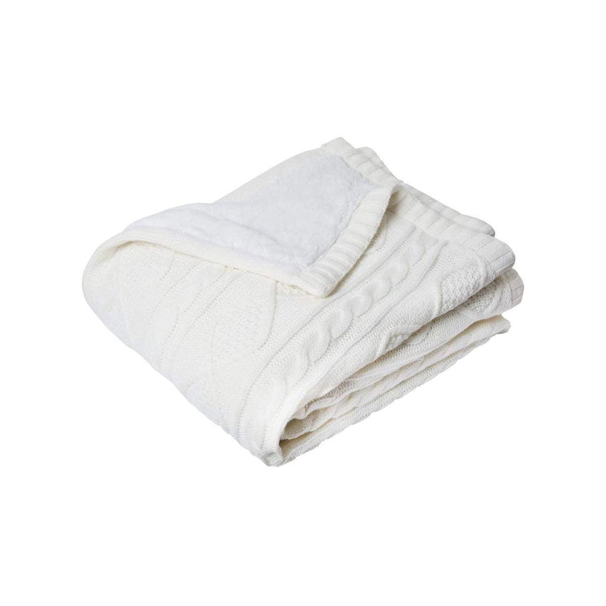 Folded white knit throw blanket on a white background